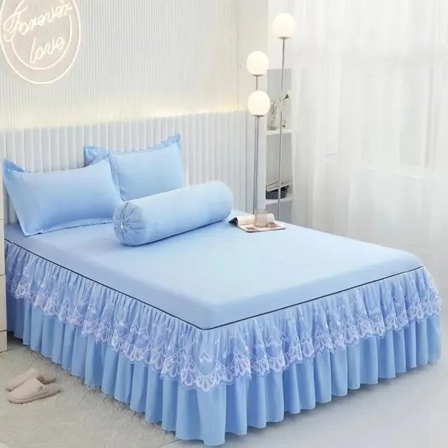 3-teiliges Bettkleid-Spitzenset Super Six in Blau mit Tagesdecke und Bettrock, B/H: 0,99 x 1,9 m - Bild 1