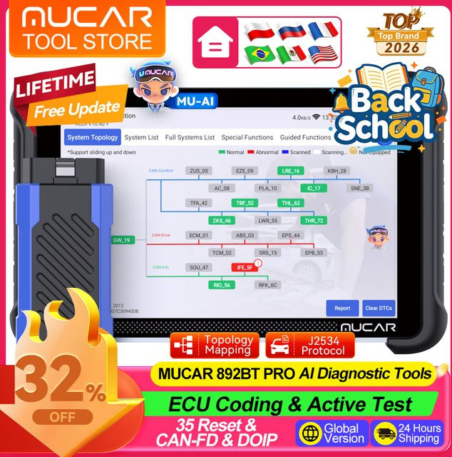 MUCAR 892BT PRO OBD2 Scanner J2534 CANFD DOIP Kfz-Diagnosegerät mit Topologie-Mapping und 35 Reset-Funktionen in Schwarz - Bild 1