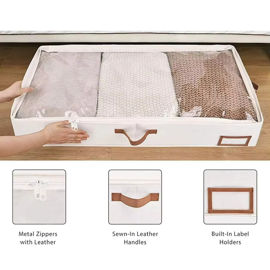 Untior 2er-Pack Faltbare Unterbett-Aufbewahrungsboxen aus Stoff in Transparent und Weiß mit Griffen für Kleidung und Bettwäsche - Bild 2