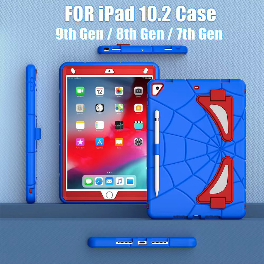 Kinderschutz Hülle für Apple iPad 9. Generation 10,2 Zoll und iPad 8./7. Generation aus Silikon und PC mit Spinnen-Design in Schwarz oder Blau - Bild 2
