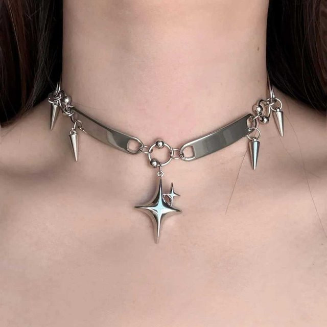 dawndesslo Choker, Stern-Nieten, Spike-Kreuz-Stern-Anhänger, Edelstahl, Silber, Damen - Bild 1