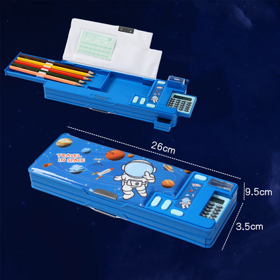 Cartoon Briefpapier Organizer Box aus Kunststoff mit Taschenrechner in Lila mit Einhorn Bär oder Astronaut Motiven - Bild 3