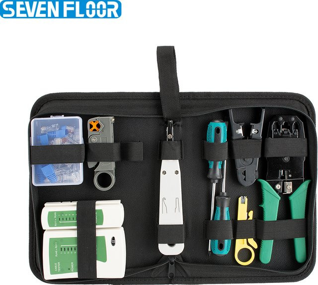 RJ45 Netzwerk-Werkzeugset mit Crimpzange für 8P6P4P, Kabeltester, Abisolierzange, Eintreibwerkzeug, Schraubendreher und K1-Verbindern für Datenkabel - Bild 1