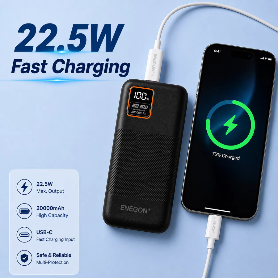 Tragbare Powerbank 20000mAh mit 22,5W PD Schnellladung, Externer Akku mit LED-Anzeige und USB-C, USB-A sowie Micro USB Anschlüssen in Schwarz - Bild 2