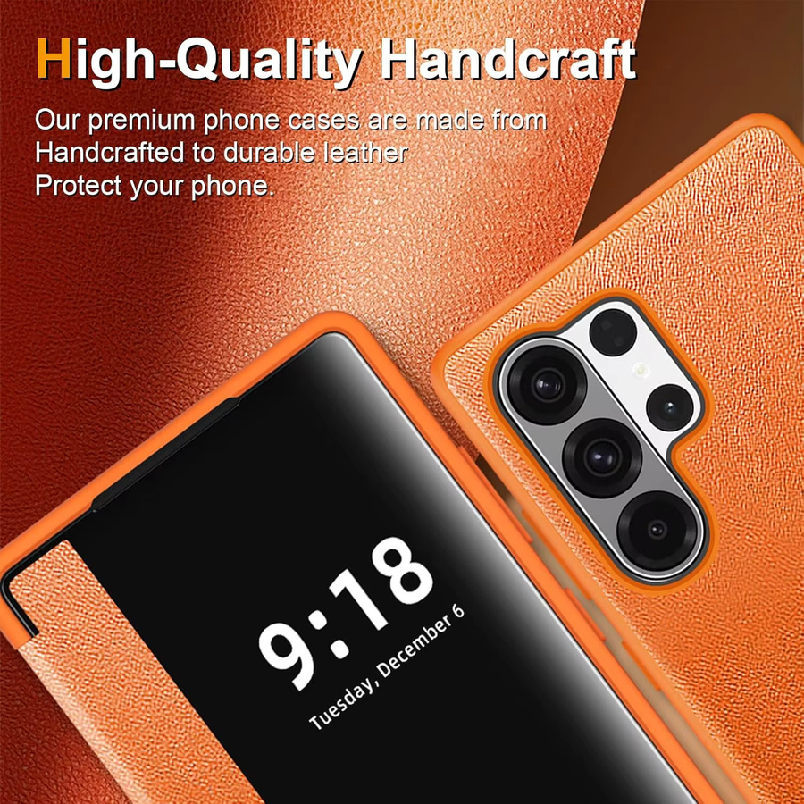 Business Smart View Flip Lederhülle für Samsung Galaxy S26 Ultra, S26+, S25, S24 und S23 Ultra mit Fallschutz in Grün und Orange - Bild 3