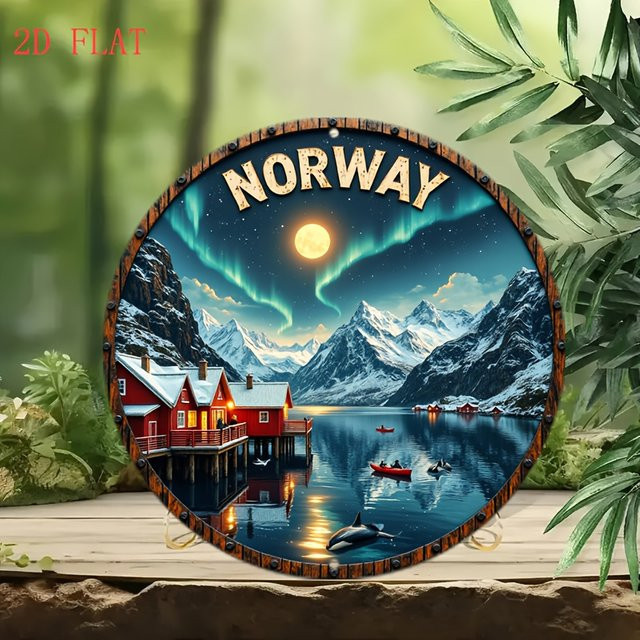 Potdemiel Wandkunst Norwegen Nordlichter Metallschild Skandinavischer Stil, Durchmesser: 20,3 cm, Mehrfarbig - Bild 1