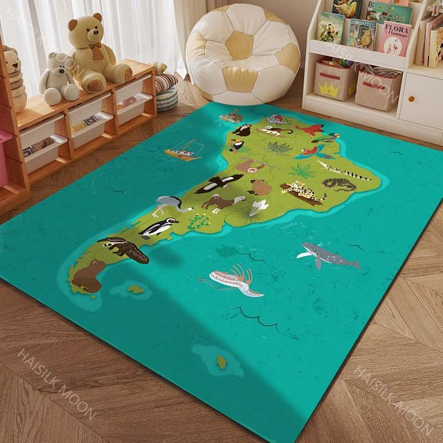 UQIDEHOME Teppich mit Cartoonkarte der fünf Kontinente und Tierdruck, Mehrfarbig, B/T: 60 x 40 cm - Bild 1