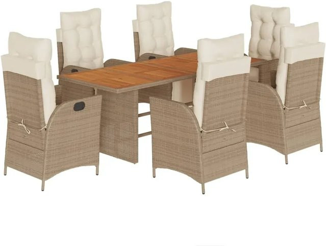 vidaXL 7-teilige Garten-Essgruppe aus Poly-Rattan und Akazienholz mit Kissen in Beige und Cremeweiß - Bild 1