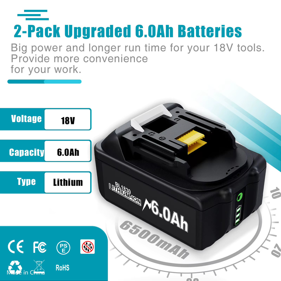 Powtree Akku Set für Makita 18 V mit 6000 mAh Akku BL1830 und 4A-Ladegerät in Schwarz - Bild 5