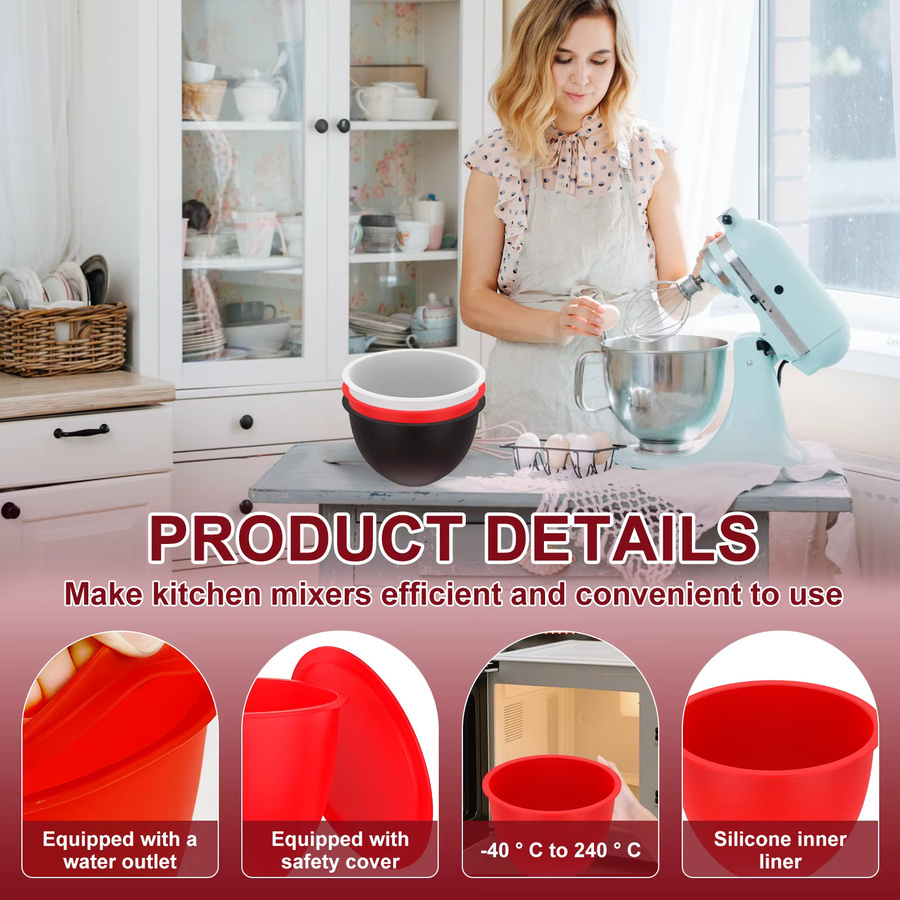 3-teiliges Silikon-Mixer-Einleger-Set mit Sicherheitsdeckel für KitchenAid, Schwarz, Rund - Bild 5