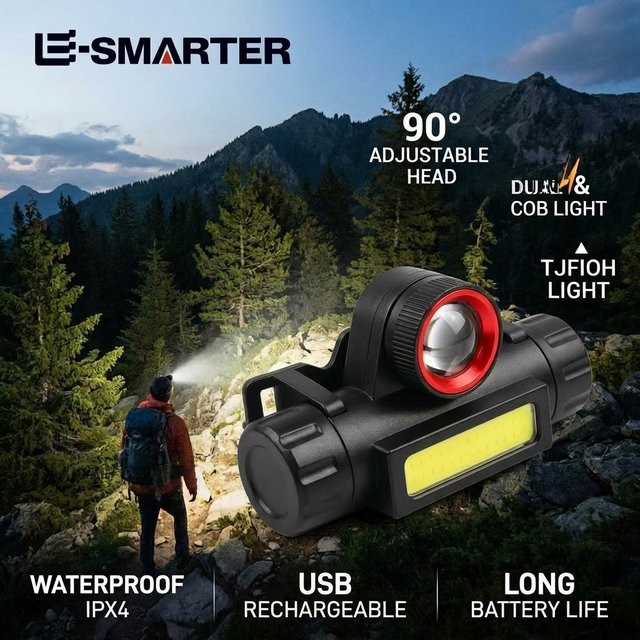 ESMARTER COB LED Stirnlampe mit Magnet und wiederaufladbarem Akku, wasserdichte Outdoor-Kopflampe in Schwarz - Bild 1