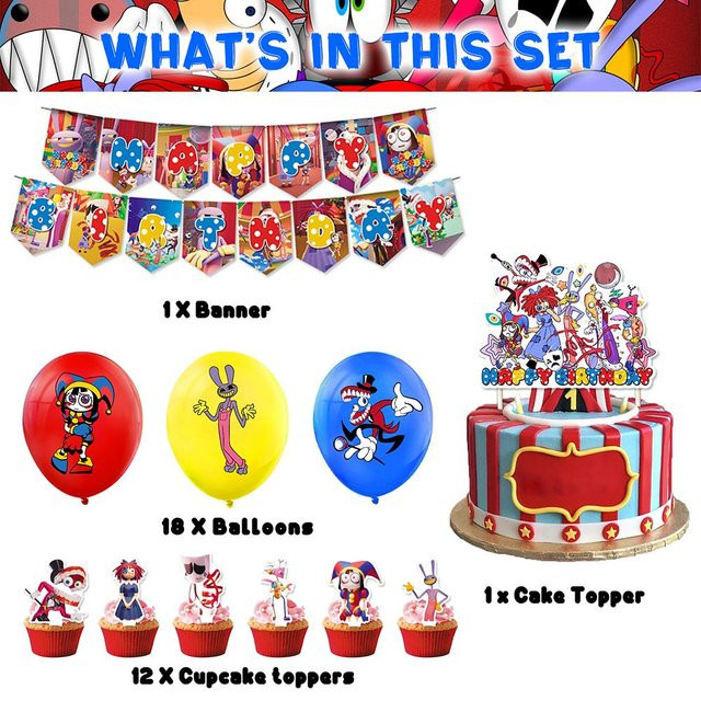 Skyfree Digitales Zirkus Party-Set für Geburtstage in Blau und Multicolour mit Banner, Kuchenaufsatz und Ballons - Bild 1
