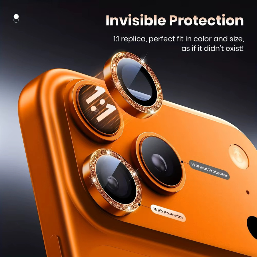 NNBILI 6/9-teiliger Luxus-Kameraobjektivschutz für iPhone 17 Pro und iPhone 17 Pro Max mit 9H gehärtetem Glas und Glitzer-Metallring in Gold oder Orange - Bild 4