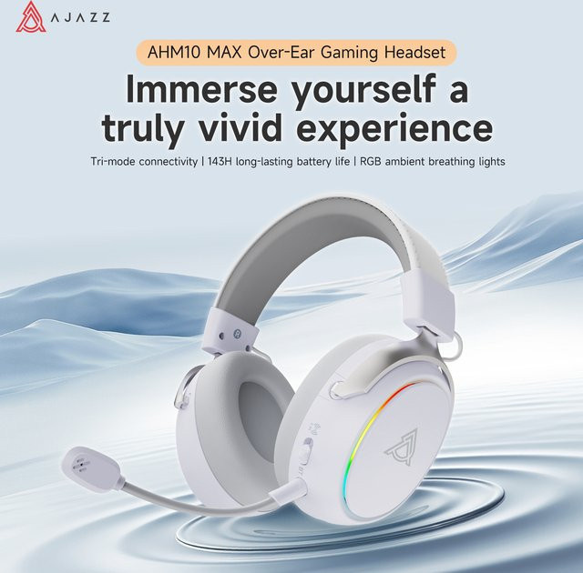 AJAZZ AHM10 MAX Tri-Mode Kabelloses Gaming-Headset mit 7.1 Surround Sound und RGB-Beleuchtung für PC in Weiß oder Violett - Bild 1