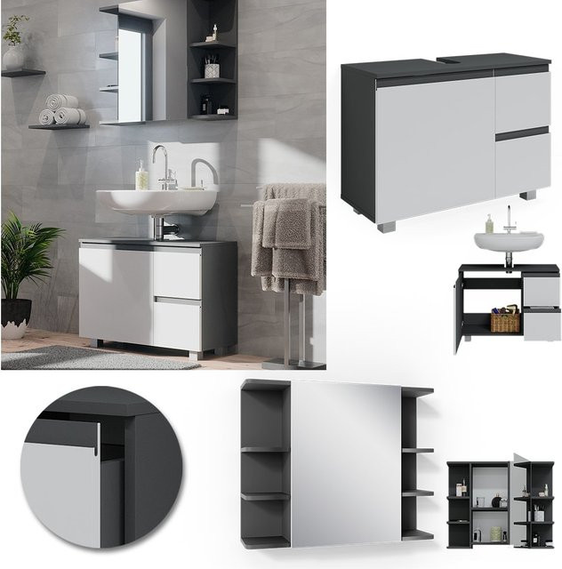 Vicco Badmöbelset J-Shape in Anthrazit und Weiß, modernes 2-teiliges Badezimmer-Set mit Spiegelschrank und Waschtischunterschrank - Bild 1