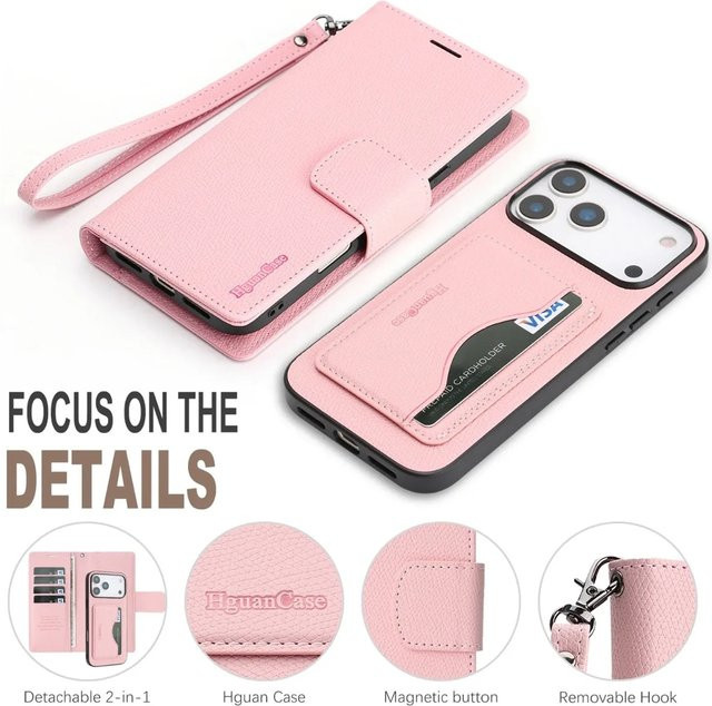 Aierkeba 2-in-1 Handyhülle mit abnehmbarer RFID-blockierender Brieftasche und Handschlaufe für iPhone, Farbe: Pink - Bild 1