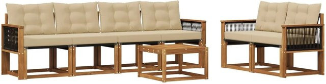 vidaXL Outdoor-Sofagarnitur aus Akazienholz und Textilene in Natur und Beige mit 7-teiligem Set inklusive Kissen und Tisch - Bild 1