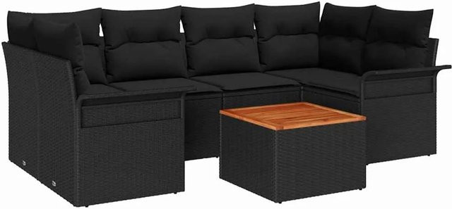 vidaXL Garten-Sofa-Set 7-teilig aus Polyrattan in Schwarz mit L-Form, Eckelementen und Outdoor-Couchtisch inklusive Polsterkissen - Bild 1