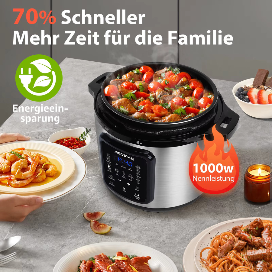 Aigostar 18-in-1 Multikocher Schnellkochtopf in Silber aus Edelstahl mit 6l Volumen, 1000 W und digitalem Touchscreen - Bild 2