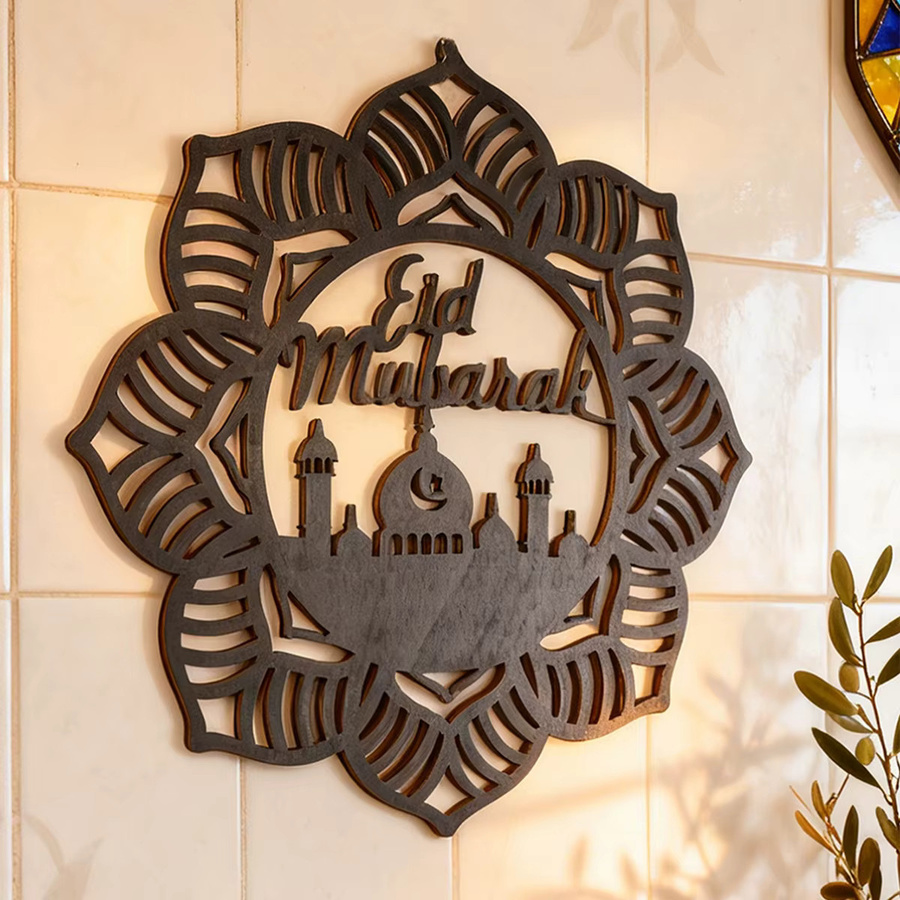 Dekorativer Eid Mubarak Anhänger aus schwarzem Holz mit floralem Retro-Muster - Bild 2
