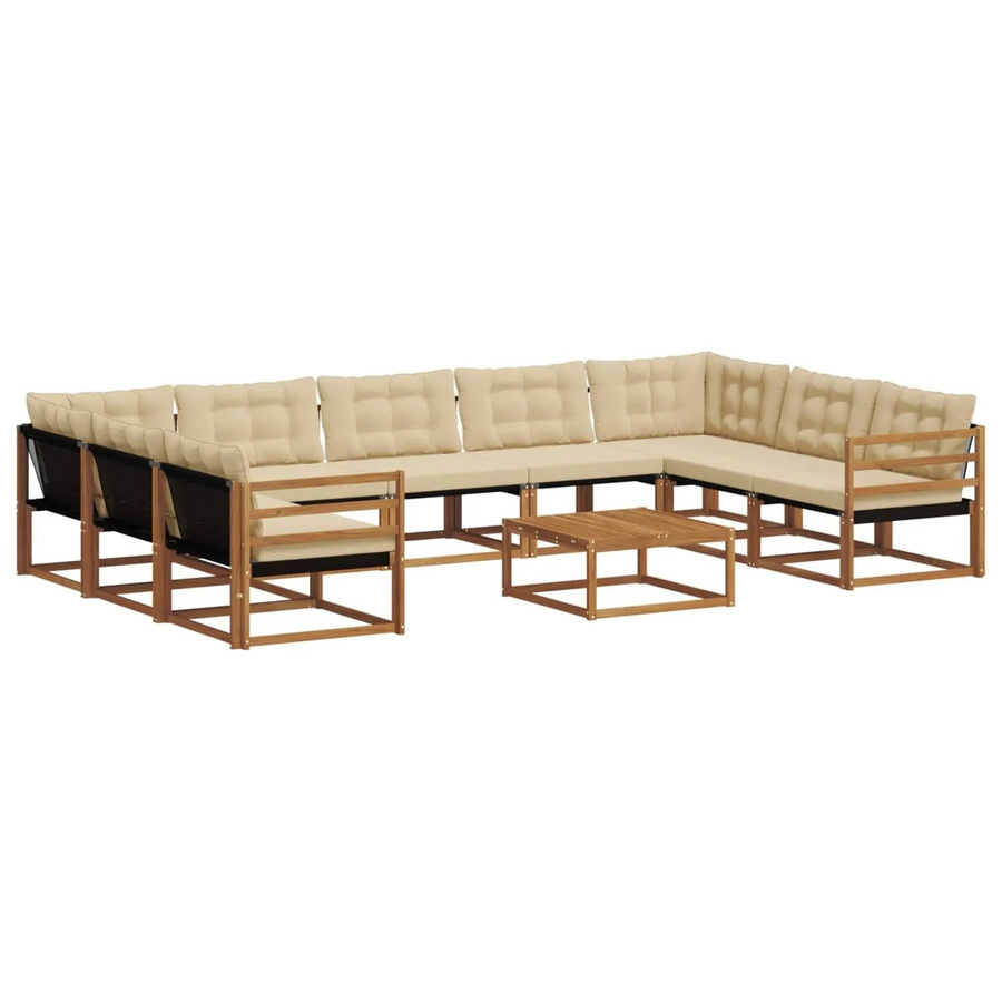 vidaXL Outdoor-Sofagarnitur aus massivem Akazienholz in U-Form, 10-teiliges Set mit Textilene-Bezug und wetterfesten Kissen, Natur und Beige - Bild 2
