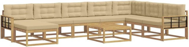vidaXL Outdoor-Sofagarnitur aus massivem Akazienholz in L-Form, 9-teiliges Set in Weiß und Beige mit Polsterkissen - Bild 1
