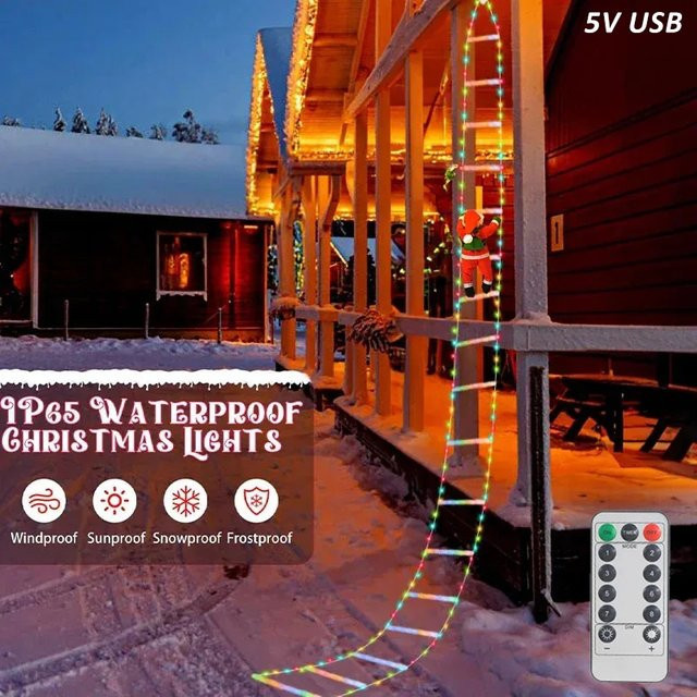 LINYILIGHT Weihnachtsdekoration Weihnachtsmann mit Kletterleiter und LED-Feenlampe, RGB Multicolour, USB-Anschluss, 8 Modi - Bild 1