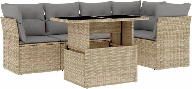 vidaXL 6-teilige Garten-Sofagarnitur aus Poly-Rattan mit Kissen in Beige-grau - Bild 1