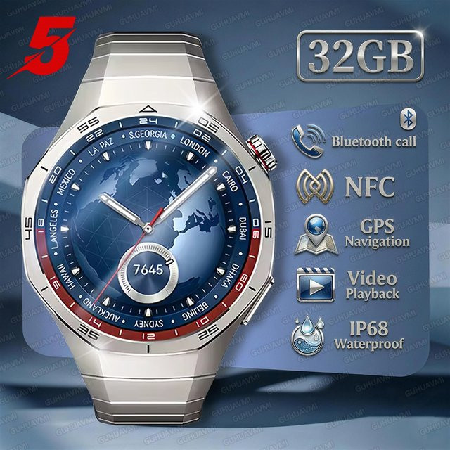 GUHUAVMI Smartwatch, Schwarz, Edelstahl, GPS, NFC, Rund - Bild 1