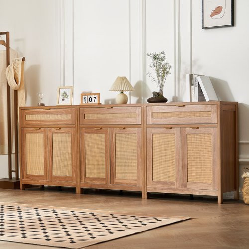 VEVOR Rattan Sideboard Buffet Cabinet Set aus 3 Einheiten mit 6 Magnettüren und 3 Schubladen, Beige/Braun, für Wohnzimmer, Küche oder Flur - Bild 1