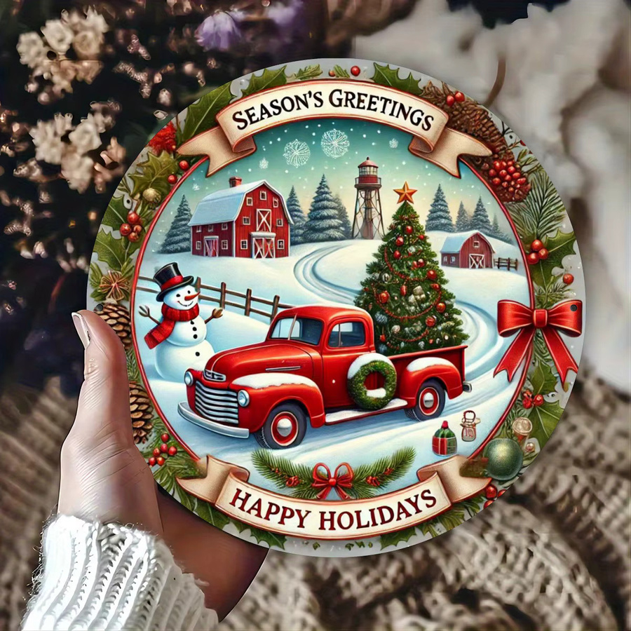 Potdemiel Vintage-Weihnachtskranz-Schild aus Eisen mit Schneemann und rotem LKW, runde Hängedekoration für Haus und Garten, Durchmesser: 20,3 cm - Bild 3