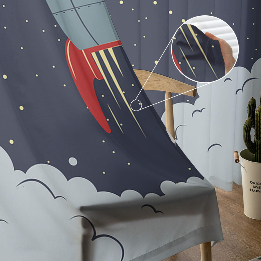 Transparente Weltraum Vorhänge mit Raketen-Motiv aus Tüll und Organza für Kinderzimmer und Wohnzimmer, B: 135 cm, H: 215 cm - Bild 3