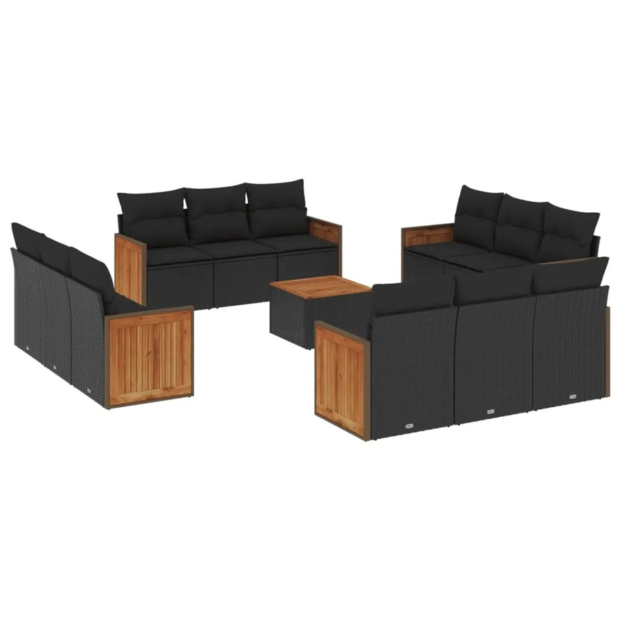 vidaXL 13-teilige Garten-Sofagarnitur in U-Form aus Polyrattan und Akazienholz mit Kissen, Schwarz - Bild 2