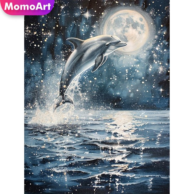 Momoart Diamant-Stickerei Set Delphin und Mond, DIY Bastelset für Anfänger, Multicolour, B/H: 30 x 20 cm - Bild 1