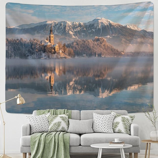 Super Six Wandteppich Kirche Schnee Berg Reflexion in Grau, Boho Hippie Design, B x H: 95 x 70 cm - Bild 1