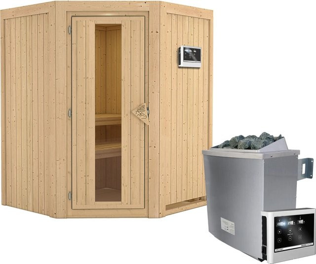 Karibu Sauna LARIN aus Espe und Fichte mit 9,0 kW Ofen, externem Steuergerät und Energiespartür, B/T/H: 151 x 151 x 198 cm - Bild 1