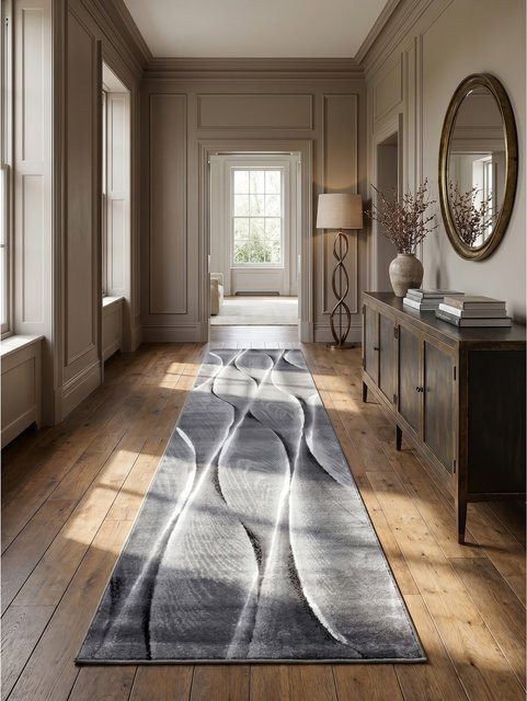 Kadima Design Kurzflor Teppich DRAU in Schwarz und Grau mit Farbverlauf, B/H: 80 x 300 cm - Bild 1