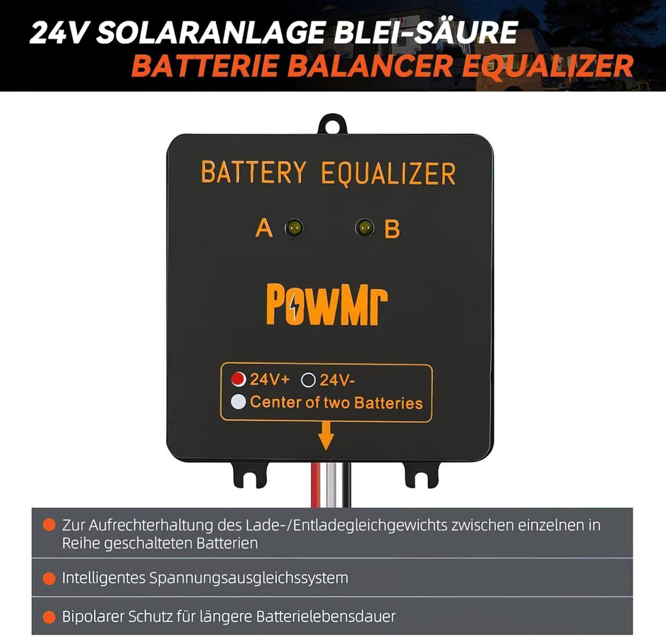 PowMr BE24 Batterieausgleicher mit LED-Anzeige, 24V Dual 12V Blei-Säure-Balancer in Schwarz, kaskadierbar für Solar- und Wohnmobil-Speicherbatterien, Spannungsausgleicher - Bild 2
