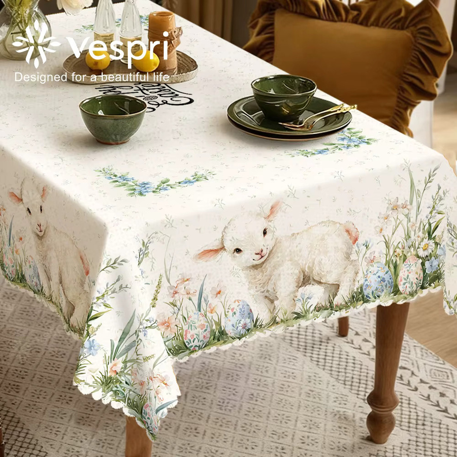 Vespri Oster-Tischdecke mit Lamm- und Blumenmuster in Weiß-Grün aus Polyester für Party und Dekoration - Bild 3