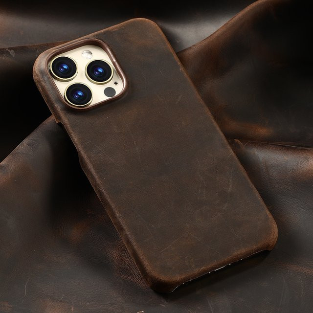 Langsidi Rindsleder Handyhülle für iPhone 16 15 14 13 Pro Max Retro Design aus echtem Pull-up Leder in Braun - Bild 1