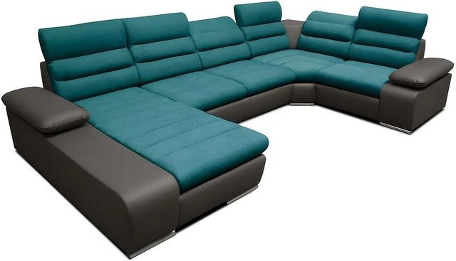 Vente-unique Schlafsofa Boileau L-Form in Anthrazitgrau und Türkisblau mit Schlaffunktion, Breite: 362 cm - Bild 1