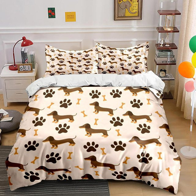 Bettwäsche Set Flylo mit Cartoon Dackel Pfotenabdruck Muster, 1 Bettbezug und 2 Kissenbezüge, Weiß, B/H: 180 x 210 cm - Bild 1