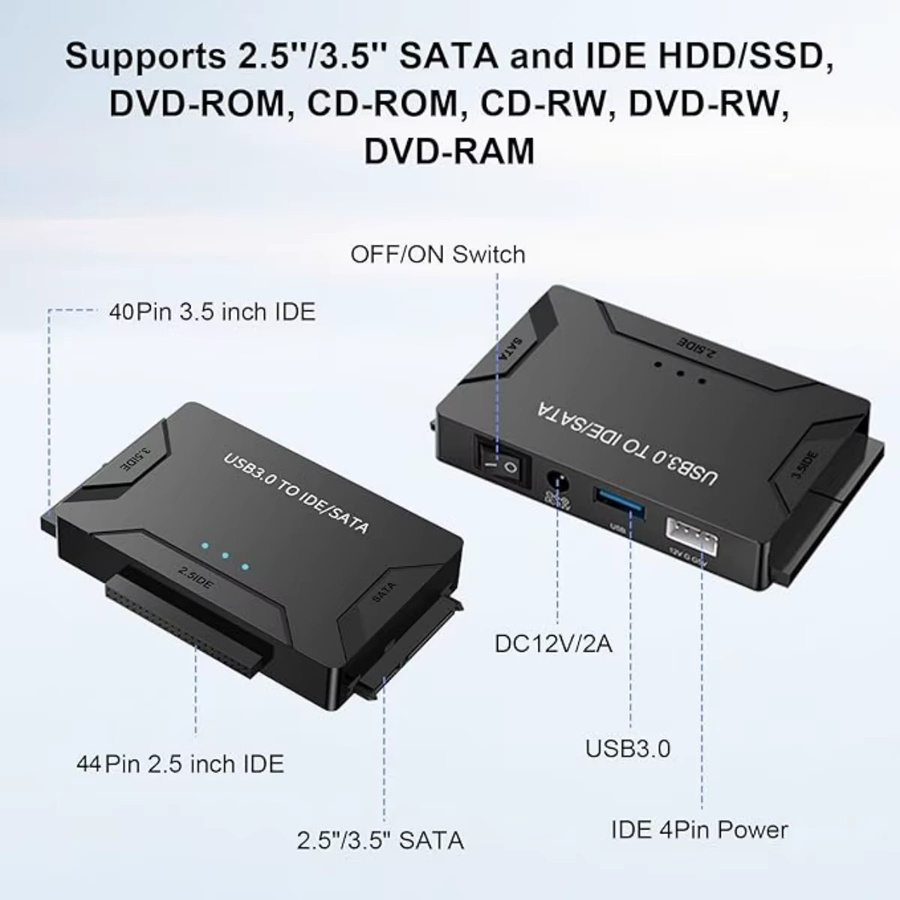 Congdi USB 3.0 zu IDE/SATA Konverter Festplattenadapter in Schwarz für 2,5/3,5 Zoll SATA/IDE/SSD Festplatten bis 4TB - Bild 3