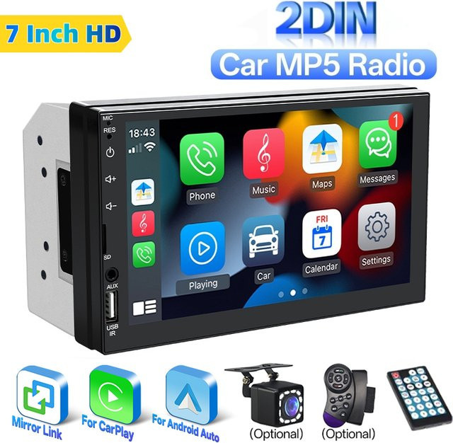 HIPPCRON Auto-MP5-Radio 2-DIN-Multimedia-Player mit 7-Zoll-Touchscreen, CarPlay und Android Auto, FM-Radio, AUX, USB, Schwarz - Bild 1