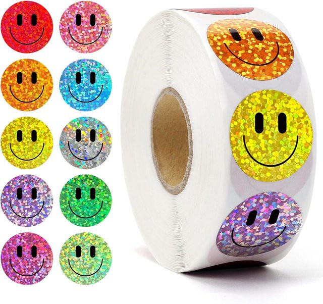500 Stück Smiley-Aufkleber-Rolle in Multicolor mit Laser-Effekt, Durchmesser: 2,5 cm - Bild 1
