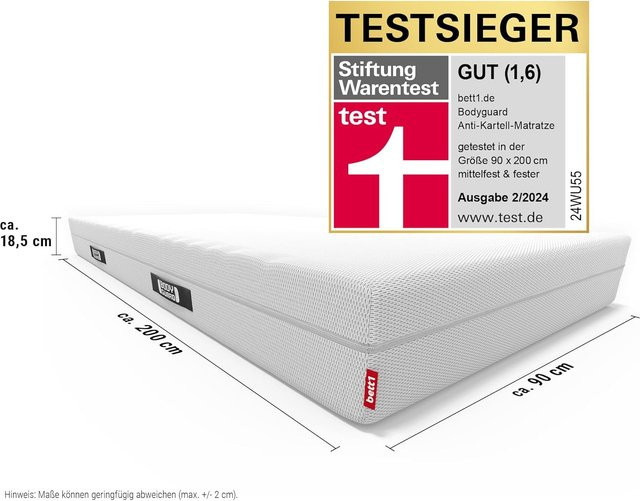 bett1 odyguard Anti-Kartell-Matratze Mittelfuß & Fester, Farbe: Weiß, B/T/H: 90 x 200 cm - Bild 1