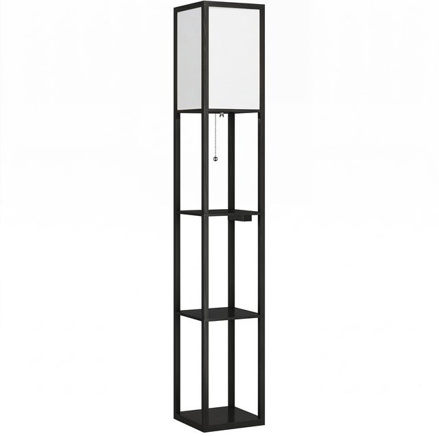 HOMCOM LED Stehleuchte mit Ablagen in Schwarz, dimmbar mit Kettenschalter und Steckdosen, modernes Design - Bild 1