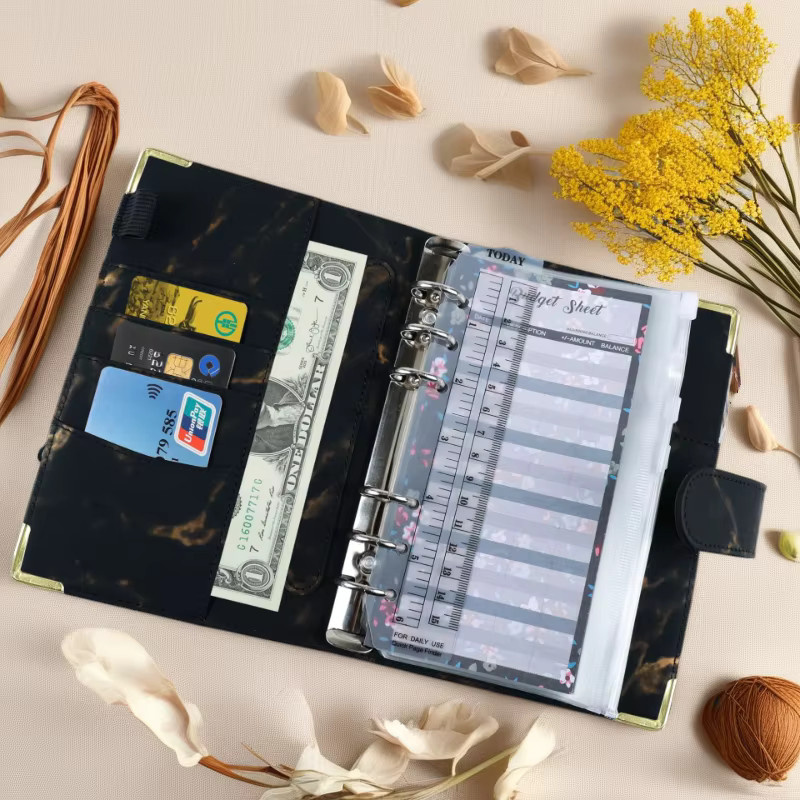 HUALIWEN A6 Budgetbuch aus PU-Leder mit Marmor-Design in Gelb, liniertes Loseblattbuch mit Hardcover - Bild 2