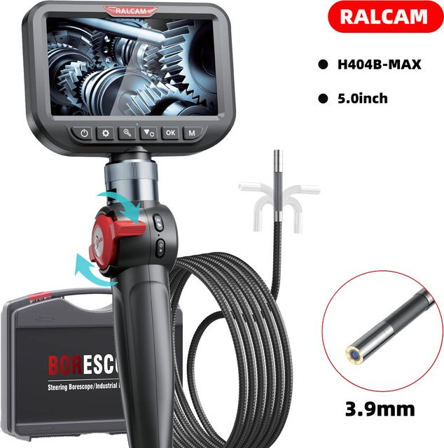 Ralcam Gelenk-Endoskop 2-Wege mit 180 Grad Schwenkfunktion, 3,9 mm Inspektionskamera mit 5,0 Zoll Bildschirm und 10 LED-Leuchten, halbstarres Kabel, Schwarz - Bild 1