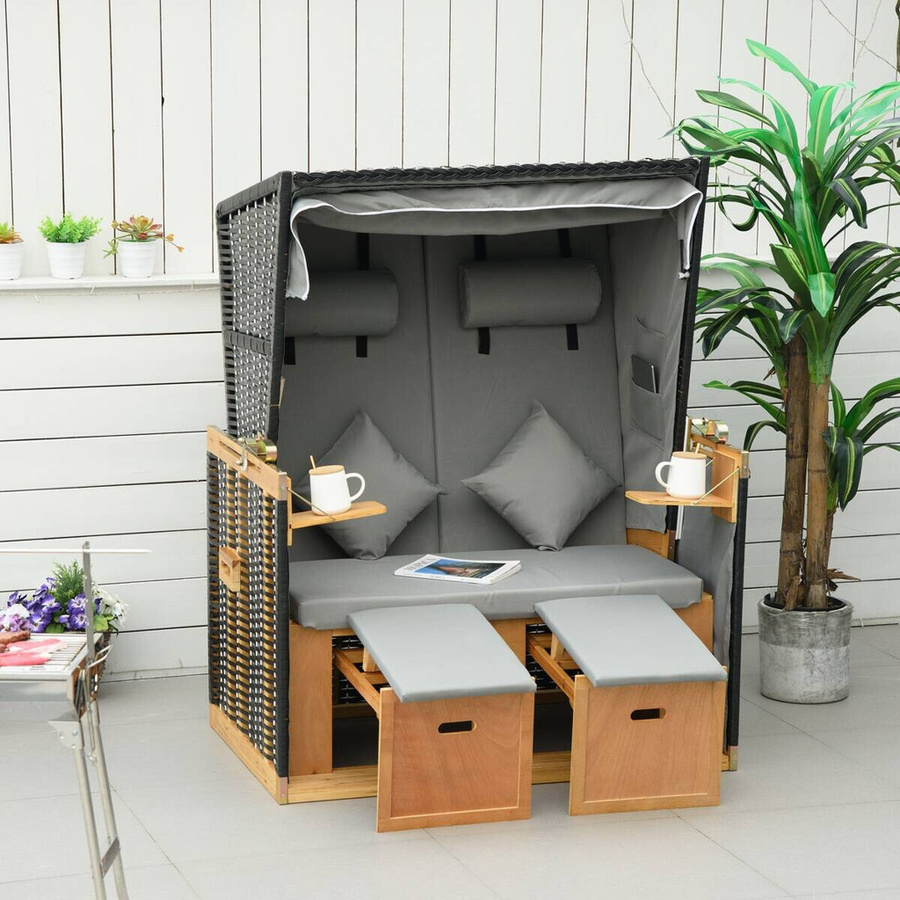 Outsunny Strandkorb in Hellgrau mit PE-Rattan, Sonnenverdeck und Schaumstoffpolsterung, B/T/H: 118 x 79 x 160 cm - Bild 4